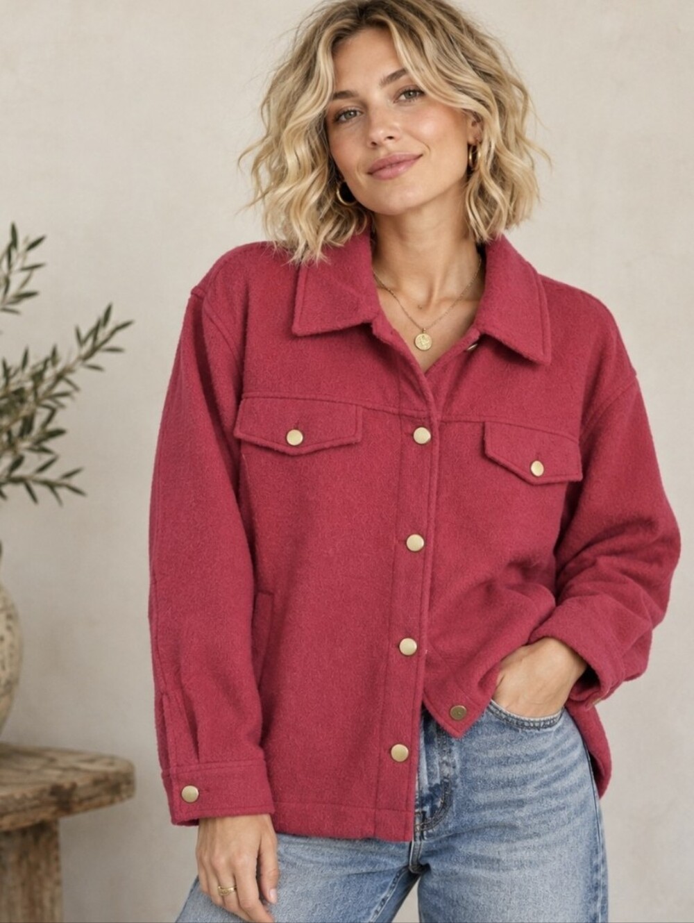 Joie Pink Button Up Shirt Jacket Shacket Textured Magenta Gold Buttons Size XL
